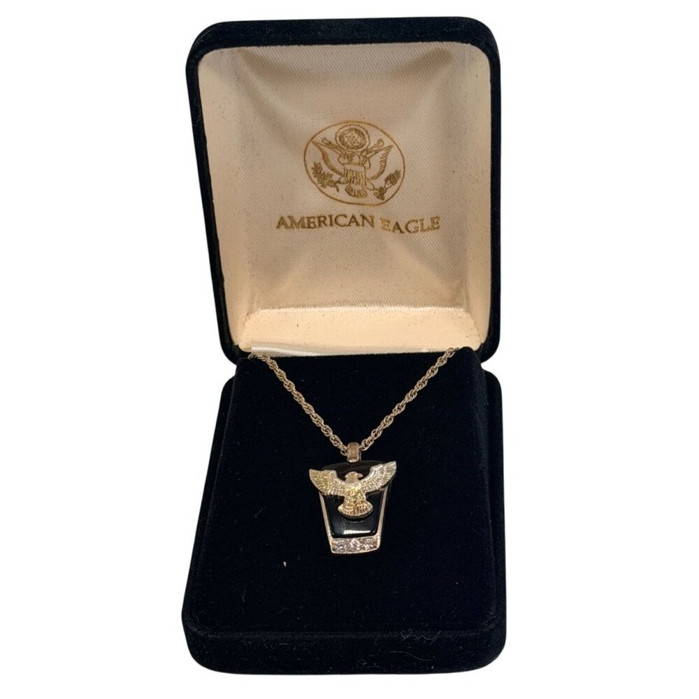 Vintage American Eagle Silver Tone Onyx Eagle Pendant Necklace CZ Stones 18" - Picture 2 of 11